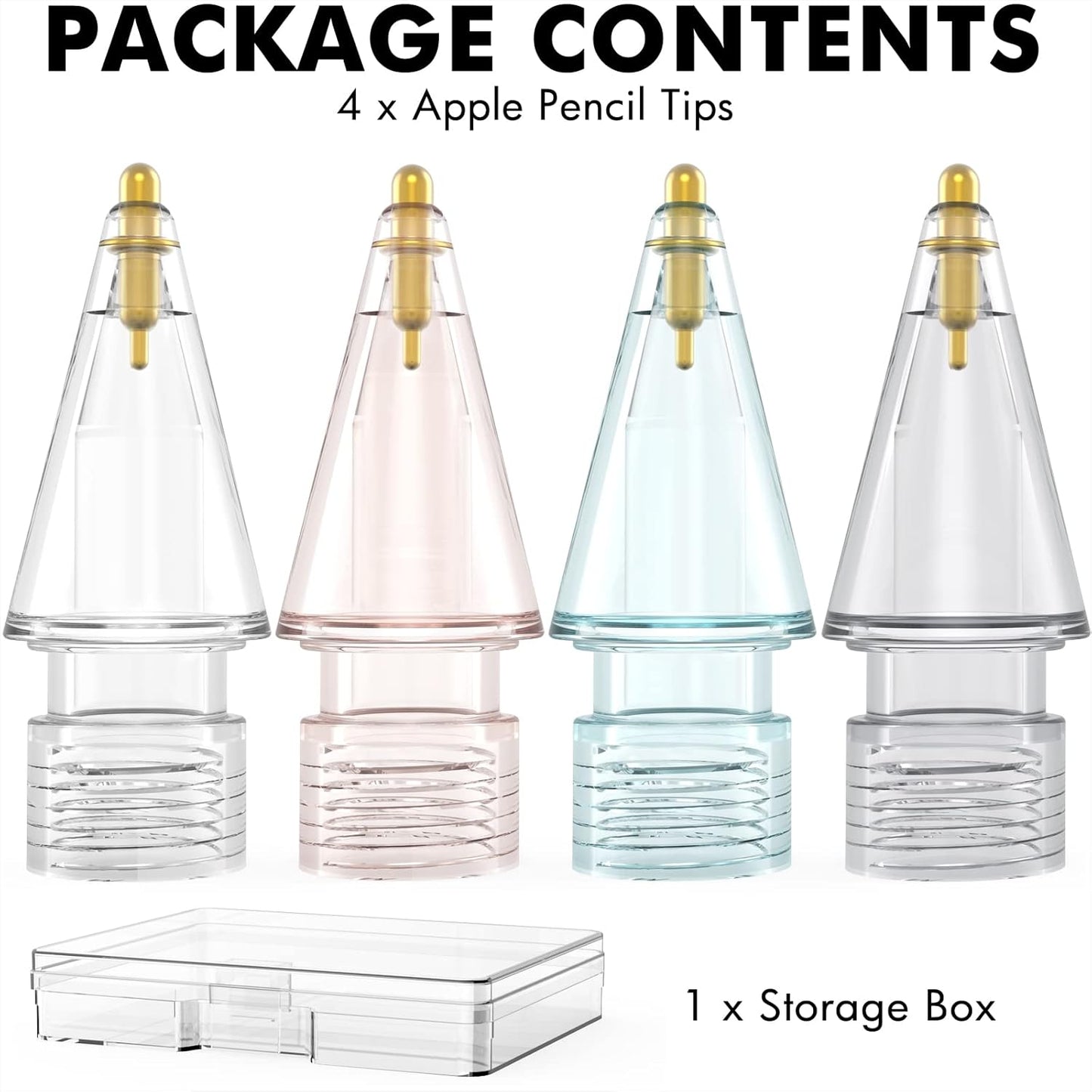 NIUTRENDZ 4 Pack Replacement Tips for Apple Pencil 2nd Generation and 1st Generation Fine Point Metal Tip, Wear-Resistant & Precise Control (1.05mm, Clear + Pink + Blue + Grey)