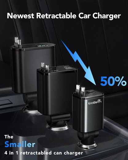 Upgraded Retractable Car Charger Adapter,4 in 1 Fast Charging Car Phone Charger,69W USB C Car Truck Accessories,Road Trip Essentials Gift for Men Women for iPhone 16/15/14/13/12/11,Galaxy,Pixel