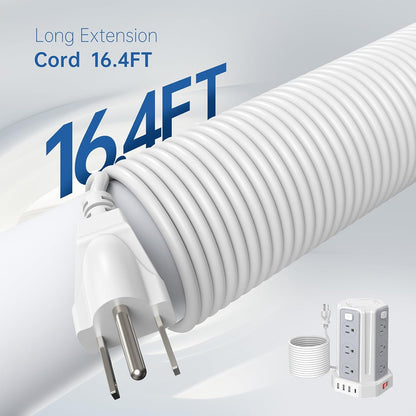 Power Strip Surge Protector, 10 Ft Extension Cord with 12 AC Multiple Outlets 4 USB (1 USB C), SMALLRT Power Tower Desktop Charging Station (White, 16.4 FT)