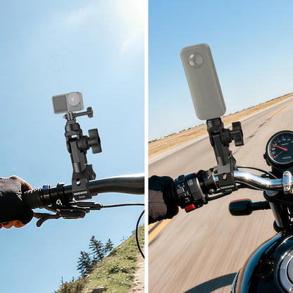 NEEWER Motorcycle Bike Handlebar Clamp Mount, Heavy Duty Clip Holder, 1/4" Screw & 3 Prong Adapter Compatible with Insta360 X5 X4 GoPro Hero 13 12 POV Video Recording, 360° Rotation & 270° Tilt, CA161