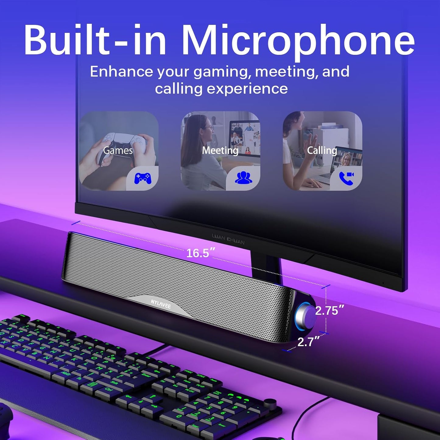 Computer Speakers, HiFi Sound Quality Computer Sound Bar, USB Powered PC Speakers, Bluetooth 5.0 and 3.5mm Aux-in Computer Speakers for Desktop, Laptops, PCs, Phones, Tablets, Xbox, Gaming Speakers