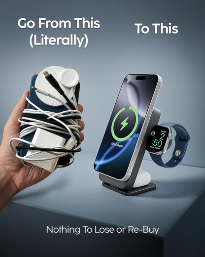 myCharge EcoHub 3 in 1 Apple Charging Station & Magsafe Battery Pack | Wireless Charger for iPhone, iWatch, AirPods | Magnetic Portable Charger with Wall Plug | Travel-Ready & Foldable