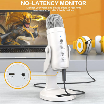 ZealSound USB Microphone,Quick Mute Noise Cancel for Phone Computer PC PS5,Gaming Microphone with Gain Control,Echo Monitor Volume Adjust for Streaming Vocal Recording ASMR Podcast Video K66 White