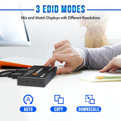 J-Tech Digital HDMI Splitter 1 in 2 Out 4K@60Hz, 1x2 HDMI Splitter for Duplicate/Mirror Screen 4K to 1080P Downscaling Function 3 EDID Settings (JTECH-SP12M18G)