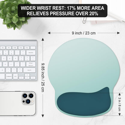 ITNRSIIET Ergonomic Mouse Pad with Wider Memory Foam Wrist Rest +17% - Curved Cushion Reduces Pressure 20%, Pain Relief, Non-Slip, Smooth, Cute Colors, 9.85 x 9 in, Light Green to White