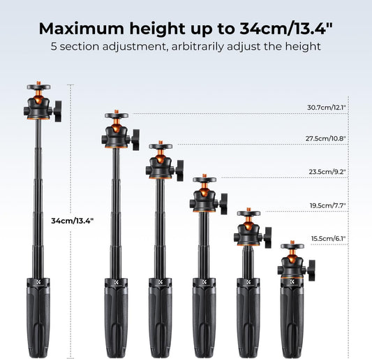 K&F Concept Selfie Stick Tripod, 360 Degree Rotation Mini Phone Stand with Ball Head and Cold Shoe Mount, Cellphone Holder with Wireless Remote for Smartphone Black