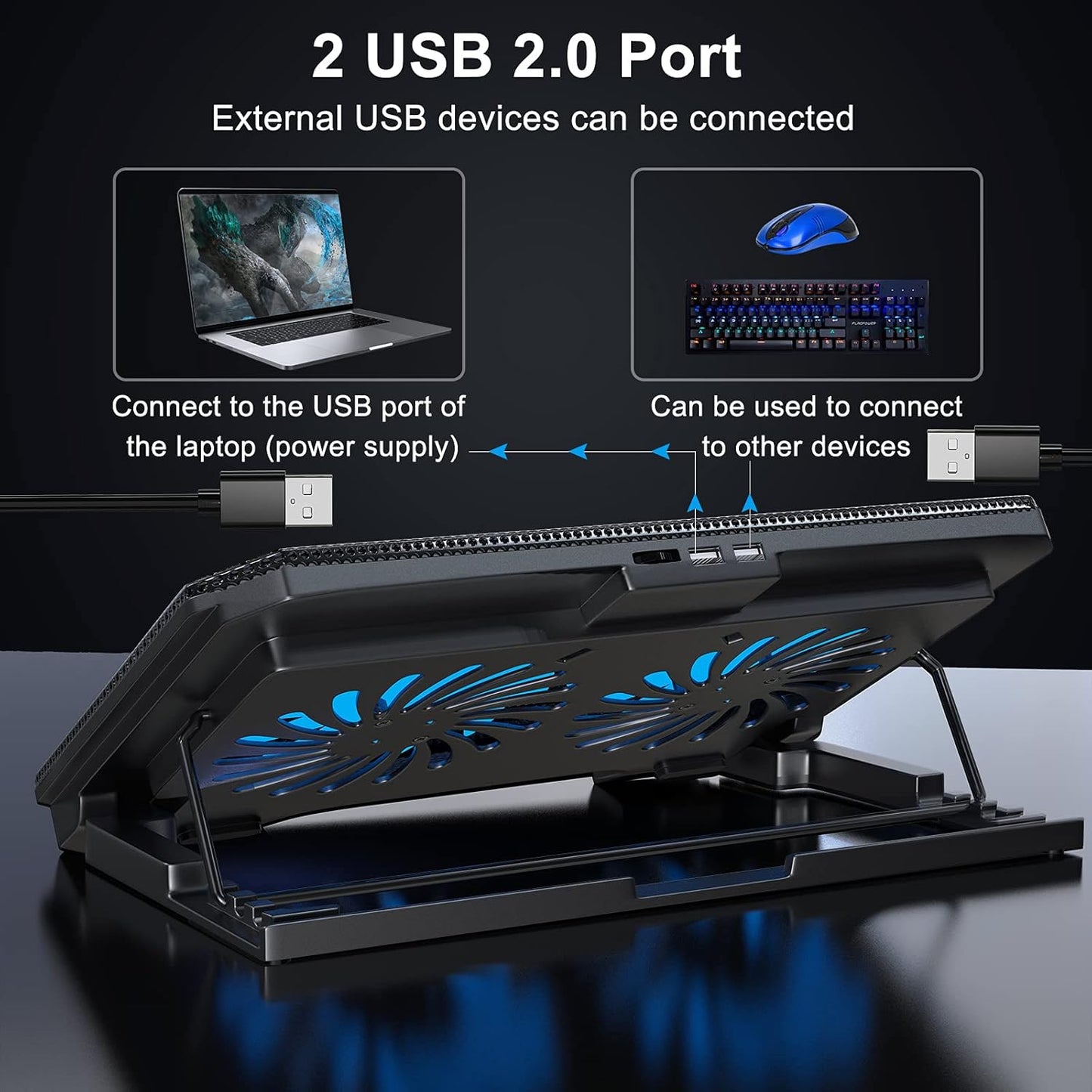 LIENS Laptop Cooling Pad with Adjustable Height Two 5.1 Inches Fan 2 USB Ports Suitable for 12"-15.6" Laptops（Black）