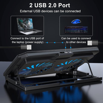 LIENS Laptop Cooling Pad with Adjustable Height Two 5.1 Inches Fan 2 USB Ports Suitable for 12"-15.6" Laptops（Black）