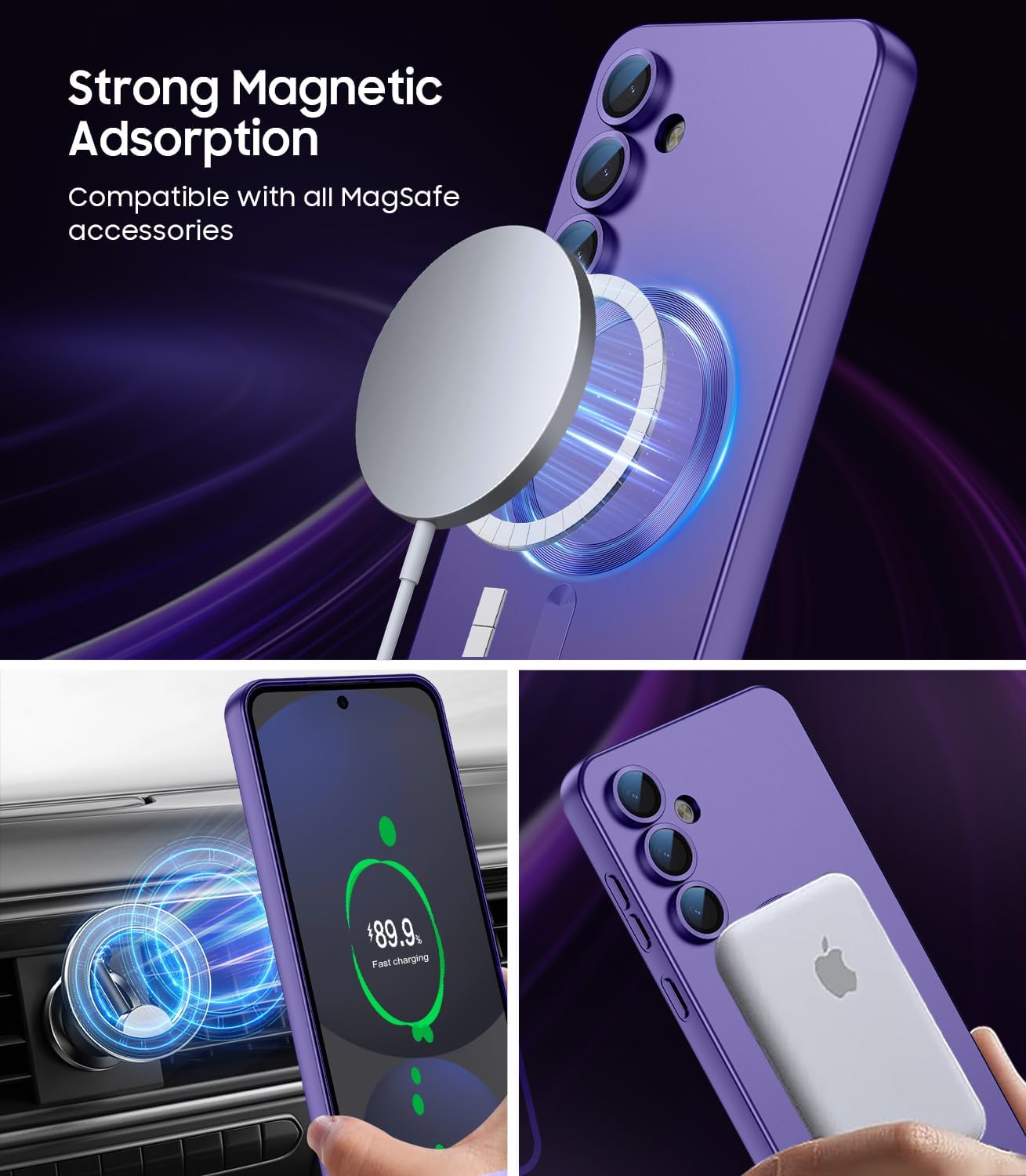 Magnetic for Samsung Galaxy S24 FE Case [Compatible with MagSafe][Built-in Camera Lens Protector] Slim Soft Silicone Bumper Shockproof Metallic Luster Phone Cover (Purple)