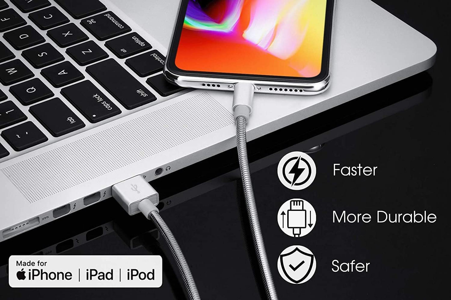 MFi Certified Charger Cable[2 Pack, 6.6 Feet] Metal Braided USB Cable with Insulation Coated Steel Jacket, Strong & Fast Charging Data Transfer Cord Compatible with iPhone/iPad