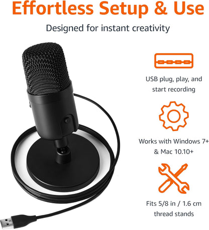 Amazon Basics USB Condenser Microphone for Streaming, Recording, and Podcasting on PC, Plug and Play, Cardioid Pickup, Adjustable Stand with 360° Rotation, 5.8 x 3.4 inches, Black