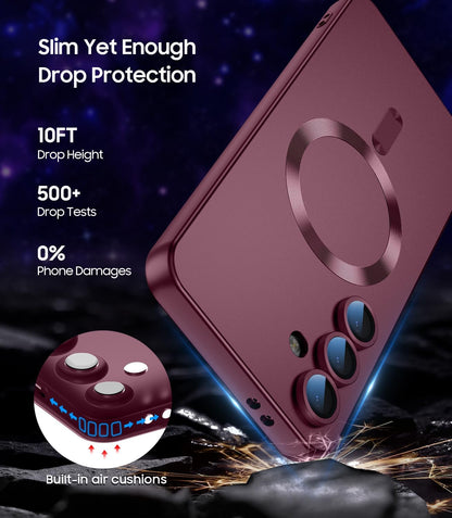 Magnetic for Samsung Galaxy S24 FE Case [Compatible with MagSafe][Built-in Camera Lens Protector] Slim Soft Silicone Bumper Shockproof Metallic Luster Phone Cover (Burgundy)