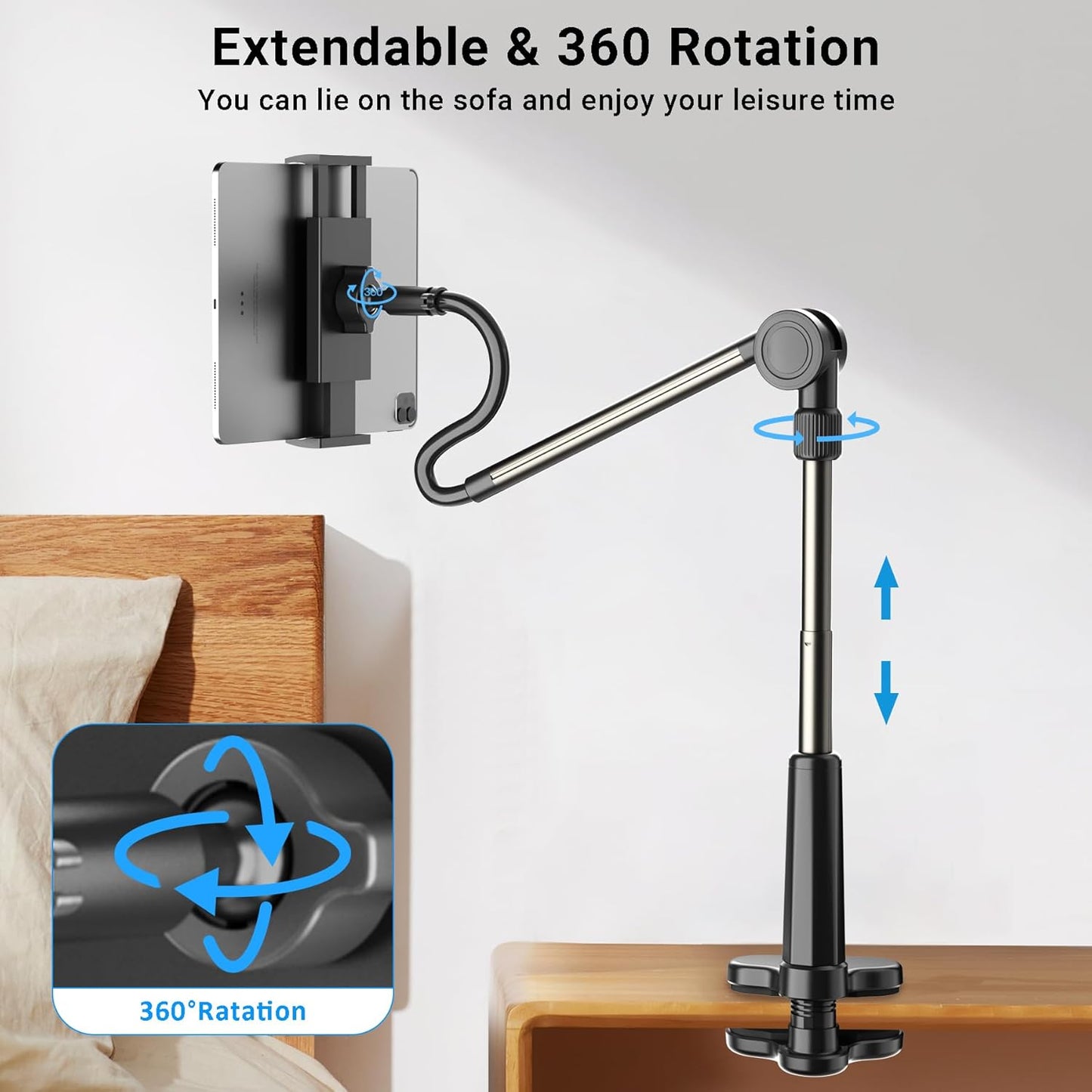 Desk Tablet Holder for iPad Pro, No Stiff Easy Adjust Arm Phone and Tablet Stand for Bed, Ereader Accessories Compatible with Kindle iPhone, iPad Pro/Mini/Air, Smartphones