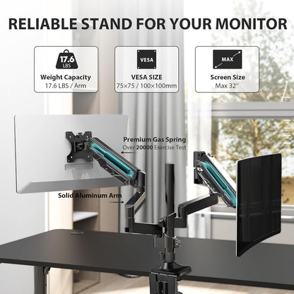 EUREKA ERGONOMIC Dual Monitor Stand, Fully Adjustable Gas Spring Double Monitor Arms for PC Computer Screen 13 to 32 inch up to 17.6 LBS W VESA 75x75mm,100x100mm C Clamp Grommet Base, Black