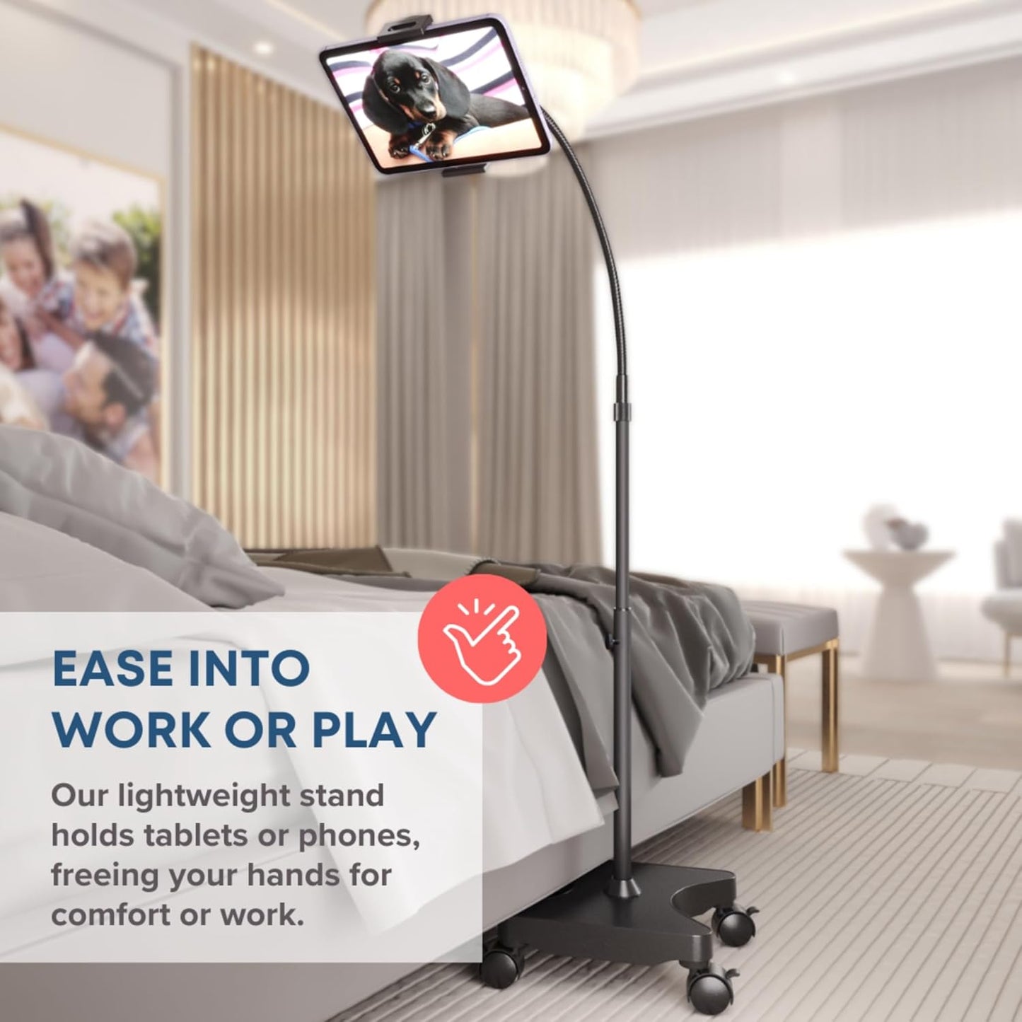 LEVO Adjustable Height Floor Stand on Wheels - Black with Casters - Tablet & Phone Holder with Gooseneck Mount, Stable Base - Compatible with All Cell Phones & Tablets (4-13 inch)