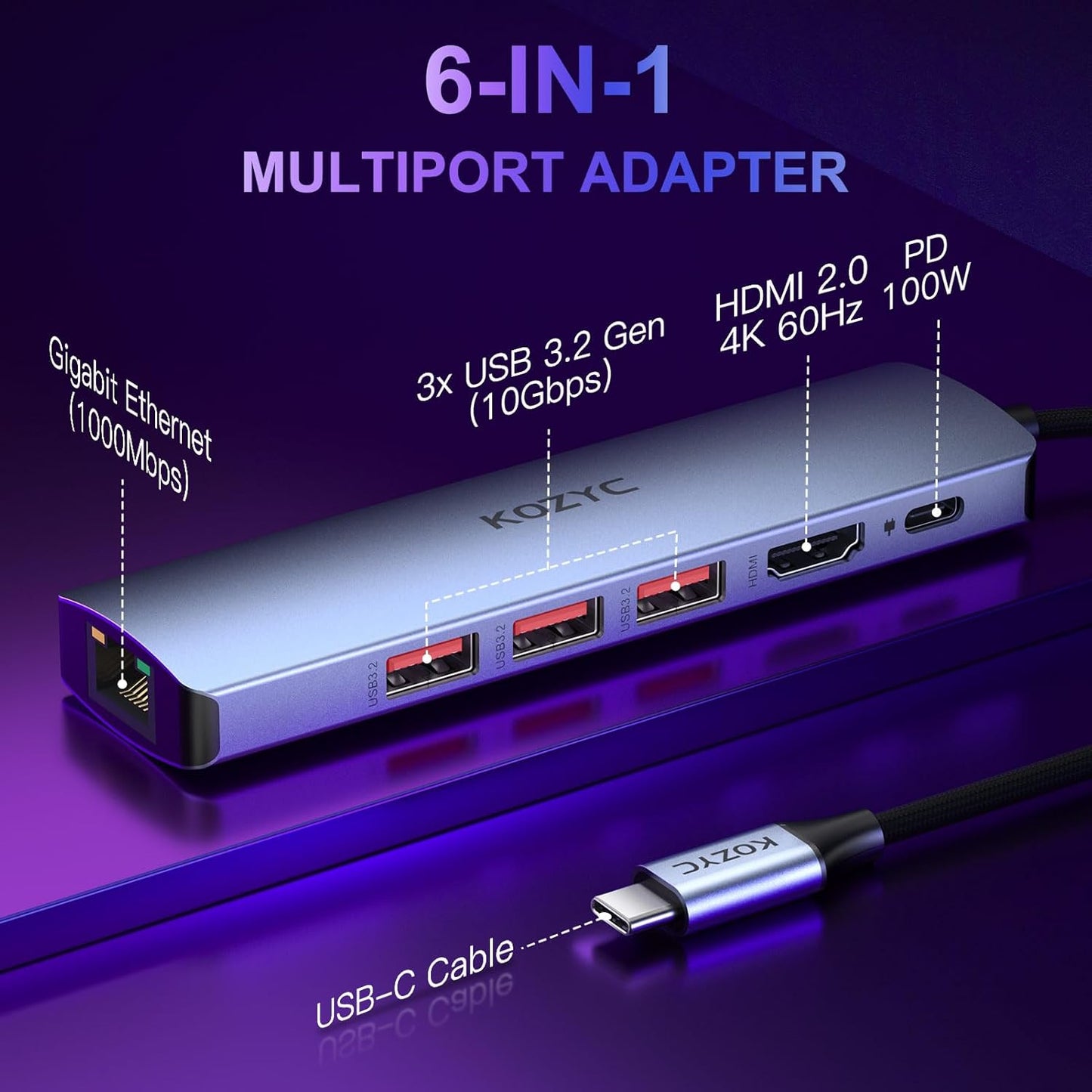 USB C Hub Ethernet, KOZYC 6-in-1 USB C Hub with 10Gbps, HDMI 4K 60Hz, 1Gbps Ethernet, 3xUSB-A 3.2, 100W PD Compatible with MacBook Air/Pro, XPS13/15, Dell