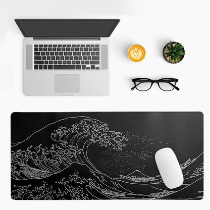 Japanese Gaming Mouse Pad Abstract Black Mouse Pad 31.5x11.8 Inch Black Sea Wave Texture Non-Slip Rubber Base Large Ocean Mousepad Stitched Edges Keyboard Mouse Mat Desk Pad for Office and Home