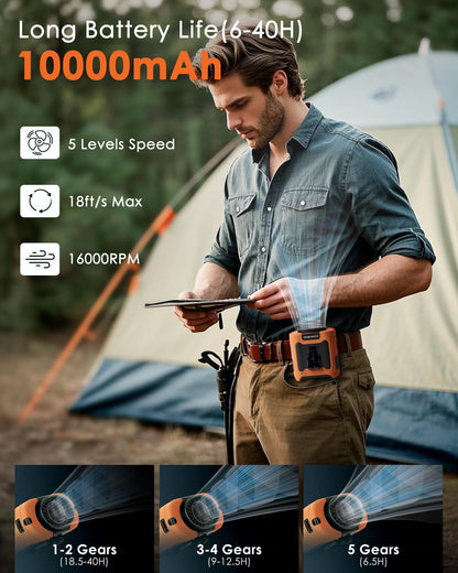 Portable Waist Fan Clip on, Personal Wearable Belt Fan 10000mAh Rechargeable Battery Under Shirt,5 Speeds with light, Neck Fan Hands-Free Cooling For Outdoor Camping Travel (Orange)