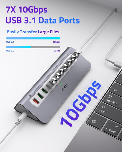 Powered USB Hub 10Gbps, 10 Ports USB 3.1 Gen 2 Hub Power Multiport USB Splitter USB Extender (7 USB 3.1 Data Port and 3 Fast Charging Port) with 36W Power Adapter, for Desktop/USB-A&USB-C Laptop/PC