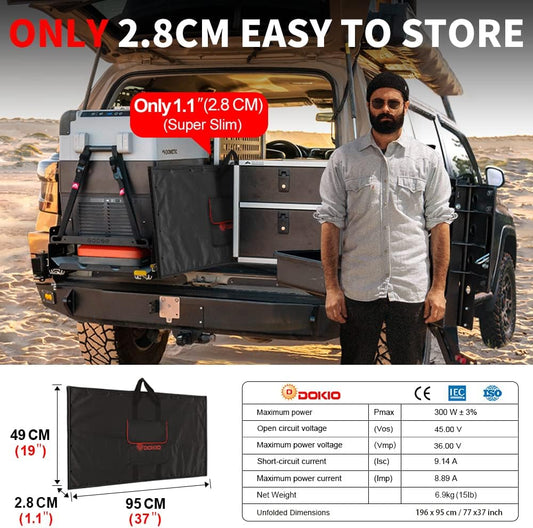 DOKIO 300W 36V Portable Folding Solar Panel Kit for 24V Batteries & Power Stations Lightweight Charger for AGM, LiFePO4, Deep Cycle — RV, Trailer, Truck, Boat, Camping, Van, Emergency