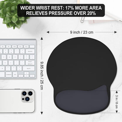 ITNRSIIET Ergonomic Mouse Pad with Wider Memory Foam Wrist Rest +17%, Curved Cushion Reduces Pressure 20%, Pain Relief, Non-Slip, Smooth, Cute Color Desk Accessory, 9.85 x 9 inch, Black Gray Gradient