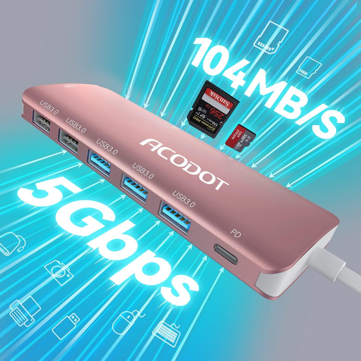 Acodot 9 in 1 USB C to 4K@60HZ HDMI Multiport Adapter, 3 USB 3.0 Ports, SD/TF Card Reader, 100W PD, Designed for MacBook Pro Air HP XPS etc, Rose Gold