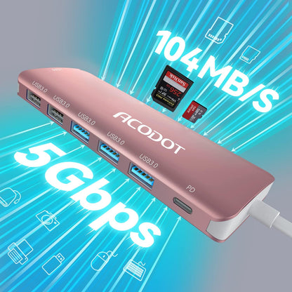 Acodot 9 in 1 USB C to 4K@60HZ HDMI Multiport Adapter, 3 USB 3.0 Ports, SD/TF Card Reader, 100W PD, Designed for MacBook Pro Air HP XPS etc, Rose Gold