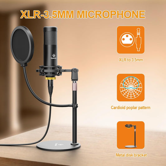 Podcast Equipment Bundle All-in-One with Dual XLR-3.5 Condenser Micophone with Mic Pop Filter Audio Equipment for Live Streaming/Recording, Online Gaming for Phone/Laptop/PC Audio Interface M100