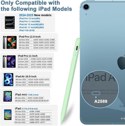 Stylus Pen for iPad 9th&10th - Type-c Charging Pencil for ipad Palm Rejection Active Pen Compatible with (2018-2025) Apple iPad 6/7/8/9/10/11(A16), Air 3/4/5/M2/M3, Mini 5/6, Pro 11"/12.9"/M4（Green）