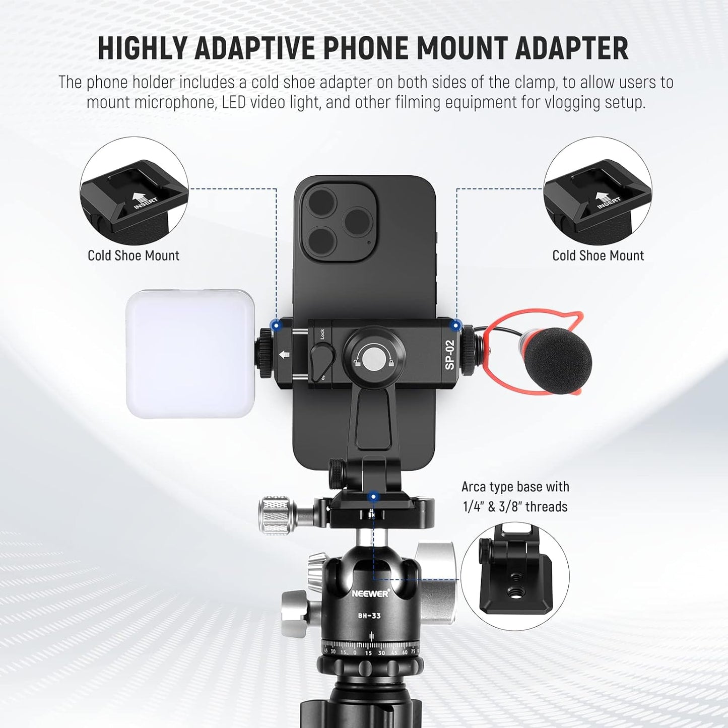 NEEWER Metal Phone Tripod Mount Adapter with Arca QR Base, Cold Shoe, 360° Swivel 180° Tilt, Phone Holder Compatible with iPhone 15 Pro Max Galaxy S24