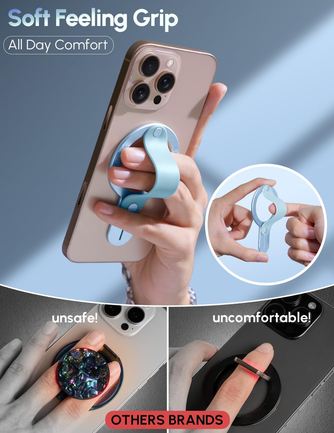 Phone Grip for iPhone - Magnetic Phone Ring Holder Detachable for iPhone 16 - Comfortable Finger Phone Loop Grip for Apple 16/15/14/13/12,Blue