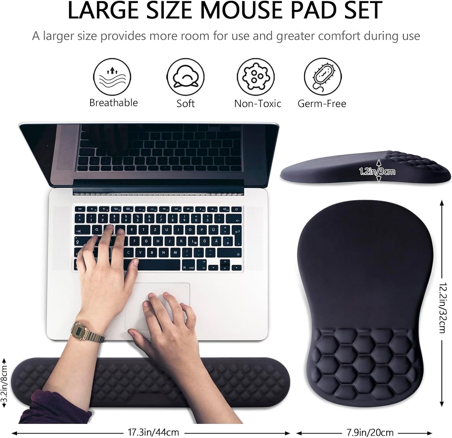 Mouse Pad Wrist Support, Laokiiy 2 in1 Keyboard Wrist Rest+ Ergonomic Mouse Pad, Non-Slip Wrist Rest for Computer Keyboard, Made Easy Typing & Relieve Wrist Pain（Black