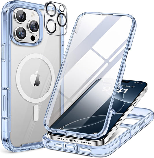 Miracase Magnetic for iPhone 16 Pro Case Full-Body Phone with Built-in Glass Screen Protector, [Compatible with MagSafe] Military Drop Proof 16 Pro Cover Bumper 6.3 inch, Clear Blue