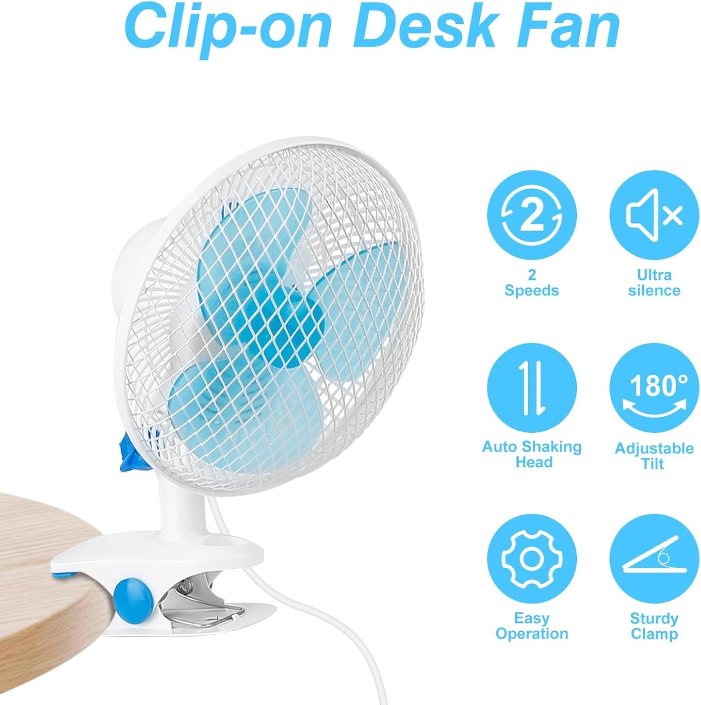 8.66" Portable Clip on Fan, 2 Speed Desk Fan with Auto Shaking Function, 180° Adjustable Tilt, Study Clamp, Personal Cooling Fan with 3.94ft Cord for Home Office Dorm