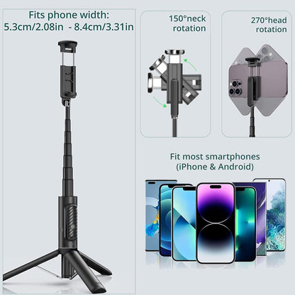 Selfie Stick Tripod with Remote Aluminum Alloy Phone Tripod Bluetooth Remote and 270°Rotation Stand Compatible with iPhone and Android Phone