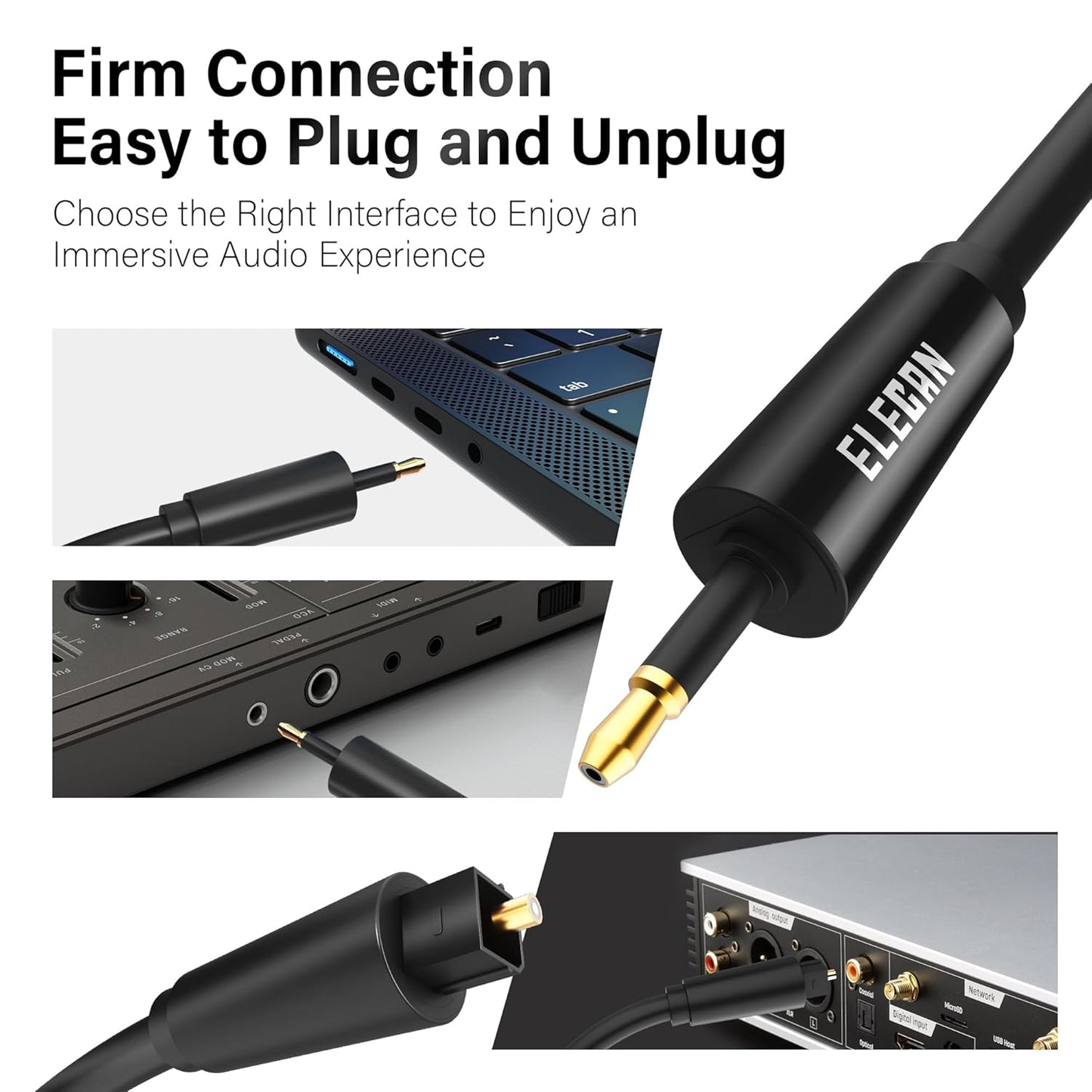 Elecan Mini Toslink to Toslink Digital Optical S/PDIF Audio Cable 8 Ft, Gold Plated Soft Flexible Fiber Optic Cable,Signal Protection PVC,Surround Sound for Soundbar,Home Theater,Hi-Fi System+Ties MI