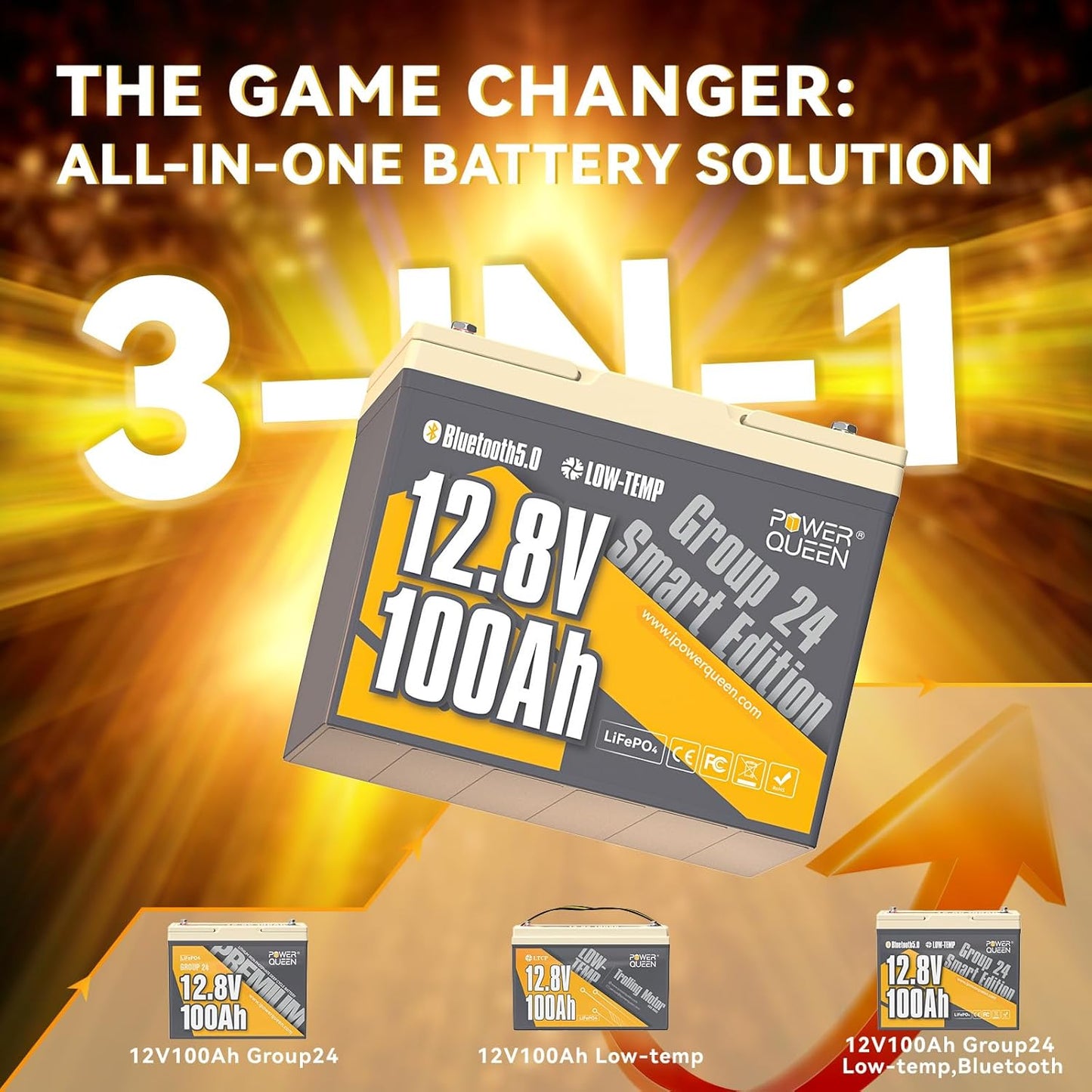 Power Queen Bluetooth 12V 100Ah LiFePO4 Battery with 14.6V10A LiFePO4 Battery Charger, Group 24 Deep Cycle Battery, 100A BMS with Low-Temp Cut-Off Protection for RV, Trolling Motors, Solar System