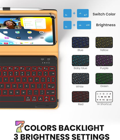 Leather Keyboard Case for 9",9.7",10.1",10.2",10.5",10.9",11" Tablets,7 Colors Backlit,Bluetooth Wireless Keyboard with Pocket Leather Folio Cover(Black)