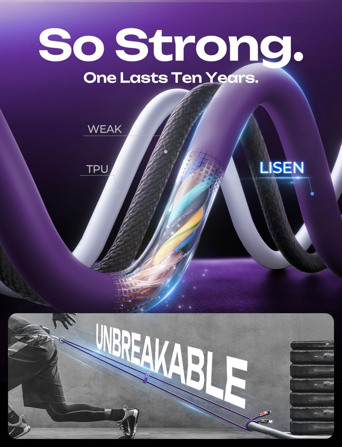 LISEN 240W Chubby USB C to USB C, 4 in 1 Charging Cable (6.6FT) with Light, USB A/C to C/L Multi Charging Cable for iPhone 16 15 14 Pro Max/MacBook/iPad Pro/SamSungS24,Purple