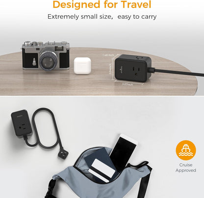 Flat Black Extension Cord, TESSAN Ultra Thin Power Strip with 3 USB Wall Charger (1 USB C), 3 Outlets Small Charging Station, 5 ft Slim Plug for Cruise Travel Office School Dorm Room Essentials