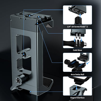 Metal Phone Tripod Mount Arca Port & Action Camera Adapter, Adjustable Smartphone Tripod Adapter Clamp Cell Phone Stand Holder Compatible with iPhone Plus PRO Max GoPro Samsung Galaxy Motorola Pixel