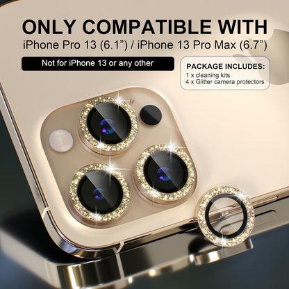 Choiche [3+1 for iPhone 13 Pro/iPhone 13 Pro Max Camera Lens Protector Bling, 9H Tempered Glass Camera Cover Screen Protector Metal Ring Decoration Accessories (Glitter-Gold)