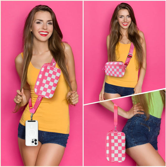 Clip and Go Strap for Phone with Wallet Crossbody, Adjustable Phone Lanyard with Detachable RFID Wristlet Wallet, Phone Strap with Phone Tabs for All Phones, Pink Checkered (L)