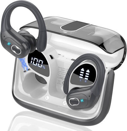 Wireless Earbuds 75hrs Bluetooth 5.4 Headphone Sport, 2025 Bluetooth Earbuds Stereo Deep Bass Over Ear Bud with Earhooks, ENC Noise Cancelling Mic, IPX7 Waterproof Earphone, Iron Gray