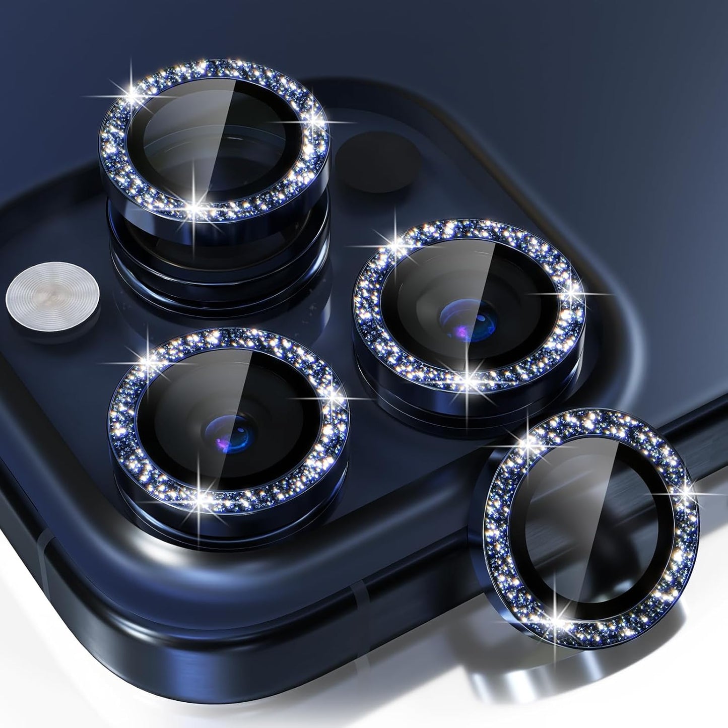 Choiche Compatible for iPhone 15 Pro/iPhone 15 Pro Max Camera Lens Protector Bling, 9H Tempered Glass Camera Cover Screen Protector Metal Ring Decoration Accessories (Glitter-Blue)