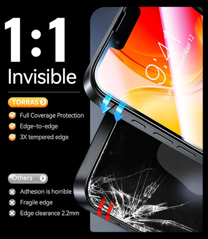 TORRAS 12FT Military-Grade Shatterproof for iPhone 16e/14/13 Pro/13 Screen Protector [9H+ Durable＆ One-Pull Installation] Tempered Glass Screen Protector 16e/14/13 Pro/13 6.1″ 2 Pack