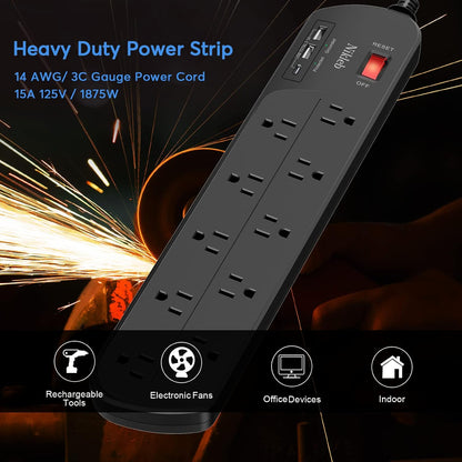 Extension Cord with Multiple Outlets, Surge Protector Power Strip with USB, 6ft Power Cord, 10 Wide Outlets, 2 USB+1 USB C Fast Charging Ports, Wall Mount, Heavy Duty, Home, Office Accessories
