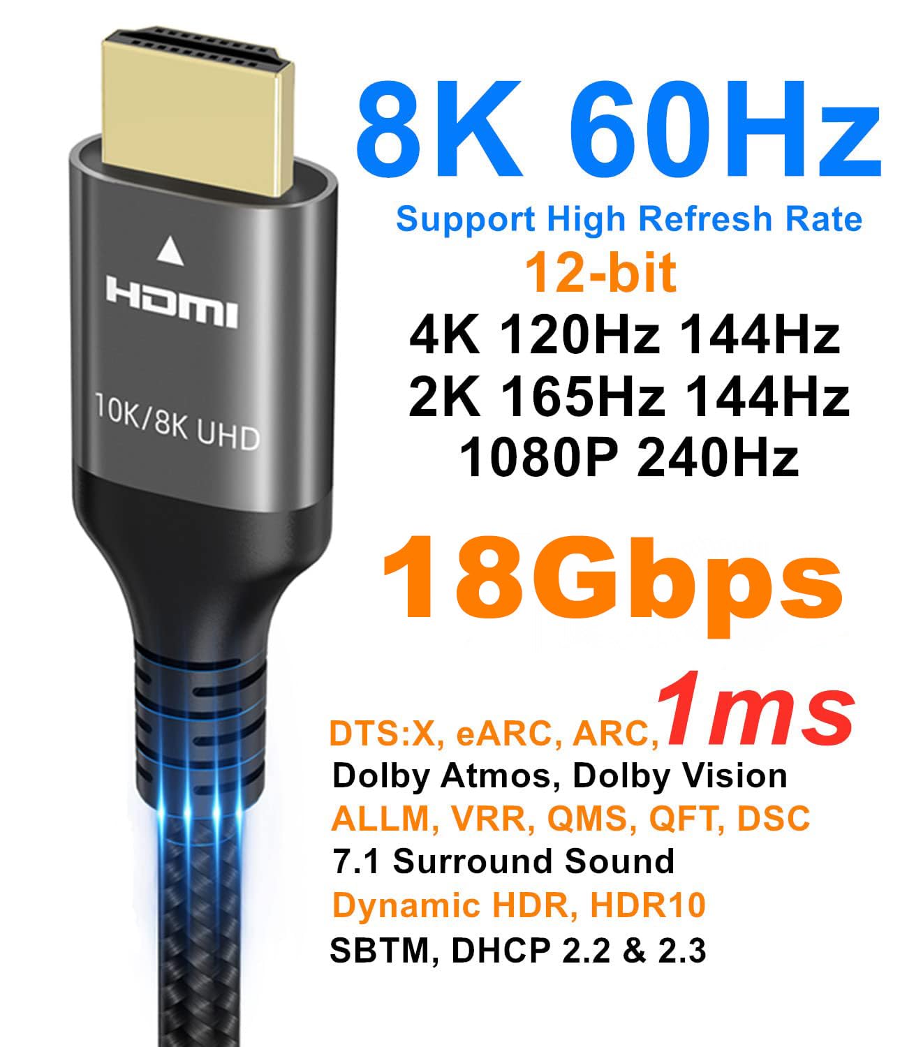8K HDMI Cable 48Gbps 33 FT, Nylon Braided High Speed HDMI® Cable 4k 120Hz 2k 165Hz 8k 60Hz 12bit eARC ARC Dolby Atmos HDR10+ HDCP2.3 Compatible for Gaming PC TV Soundbar Monitor Mac PS5 Xbox