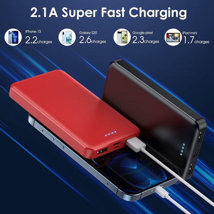 [2 Pack] Portable Charger Power Bank 10000mAh,Ultra Slim Compact External Battery Pack with USB C Input & Dual USB Outputs Backup Charger Compatible with iPhone 13,12, Samsung S20,Tablet-Black+Red