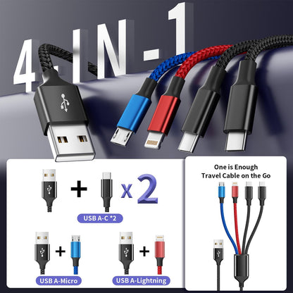 Travel Essentials, Dual Type-C 4 in 1 Multi Charging Cable for Multiple Devices, USB Cables Universal Phone Charger Cord with IP/Micro/2 USB-C Port for iPhone16/15/14, Android Tablet Pad, 2Pack 5FT